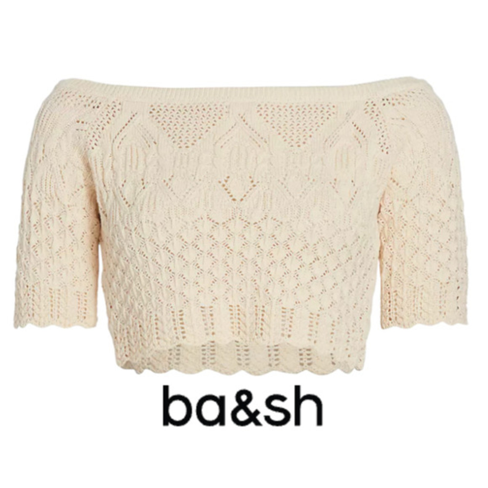 ba&sh Cream Crochet Off-Shoulder Crop Top with Scallop Hem